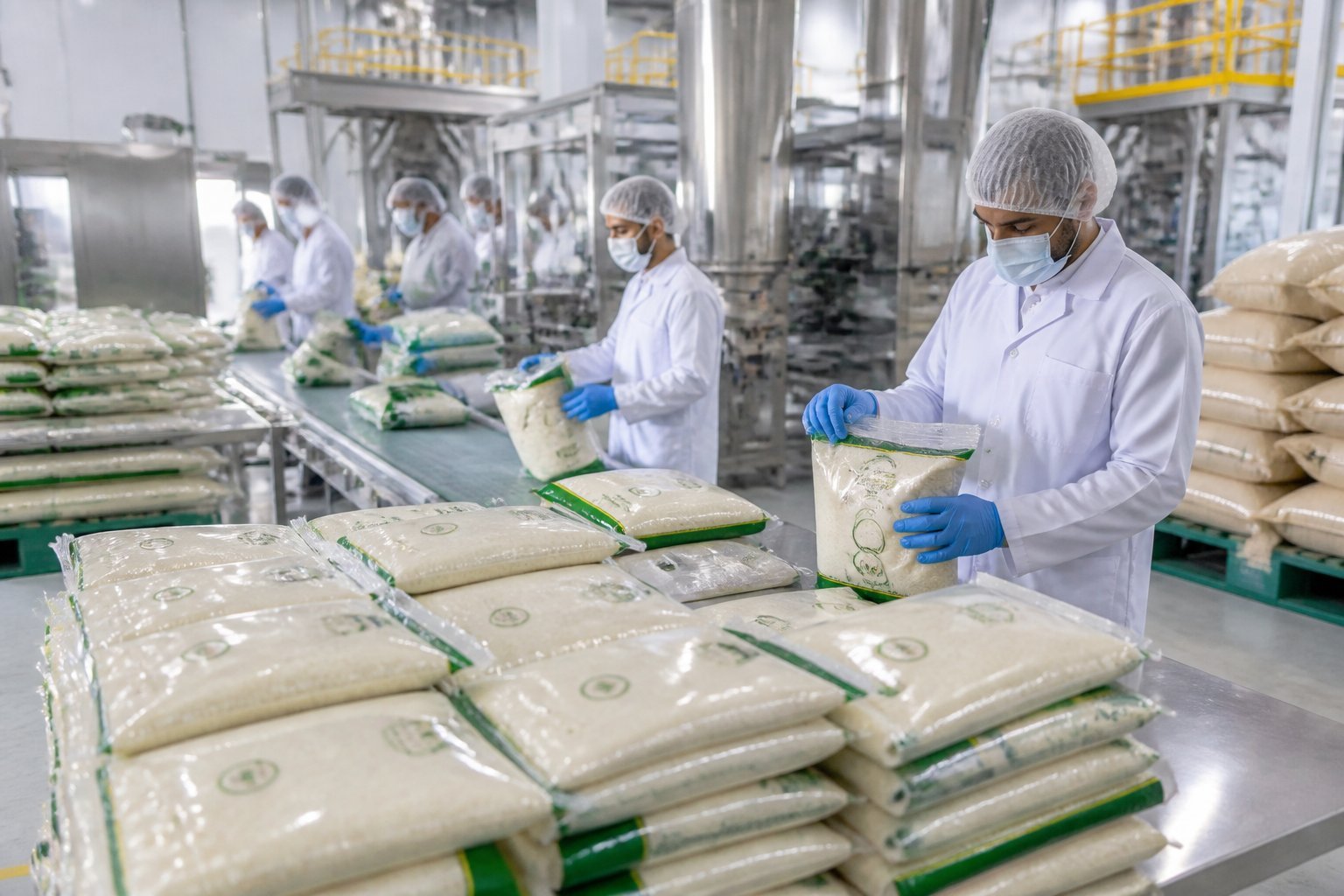 Workers in protective clothing packaging rice bags on conveyor belts in a clean factory setting.