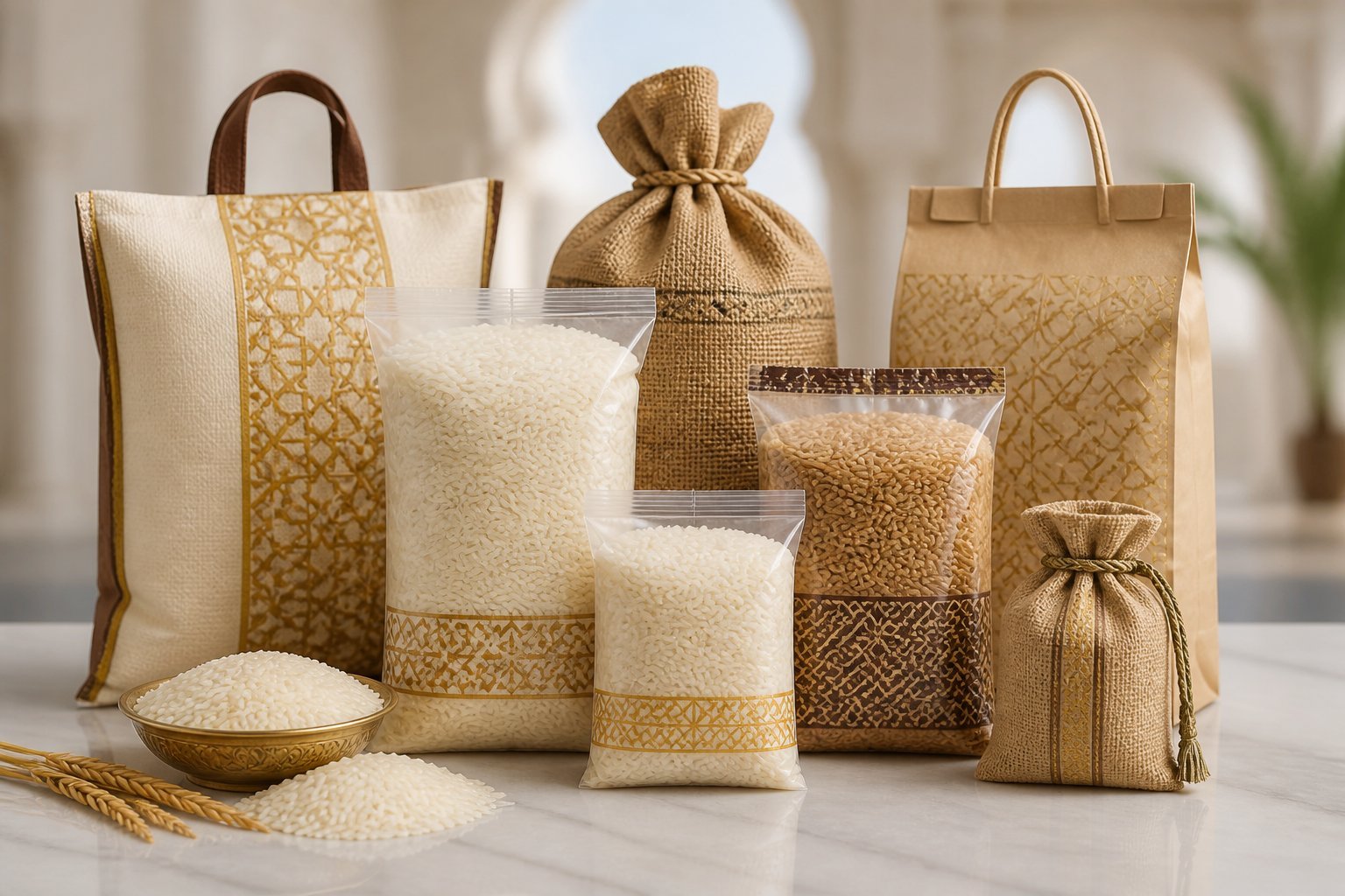 Various types of rice packaging materials arranged together, including plastic bags, woven sacks, and paper bags, displayed on a clean surface.
