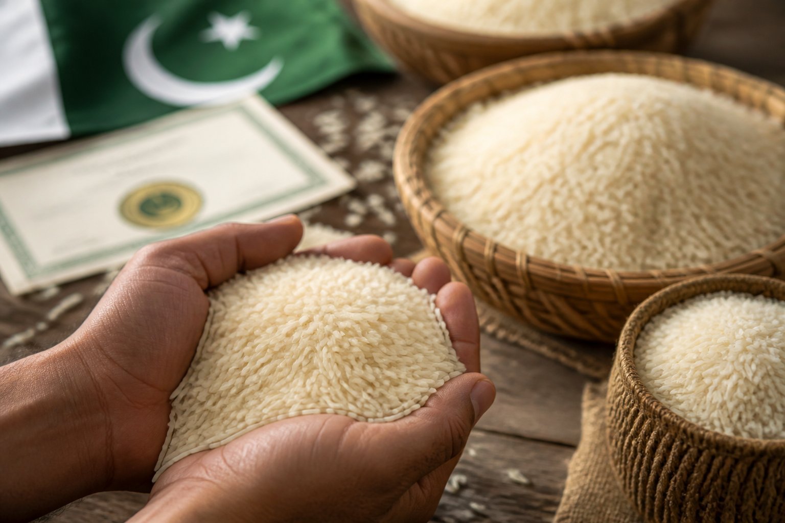Hands holding premium Pakistani basmati rice grains with baskets of rice and a blurred certificate and Pakistani flag in the background.