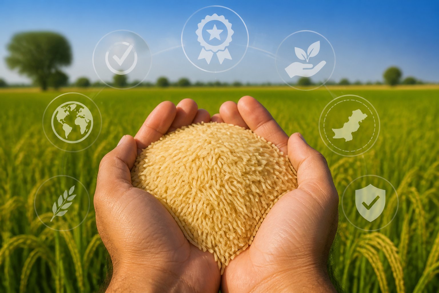 Hands holding golden basmati rice grains with a green rice field in the background and certification icons floating around.