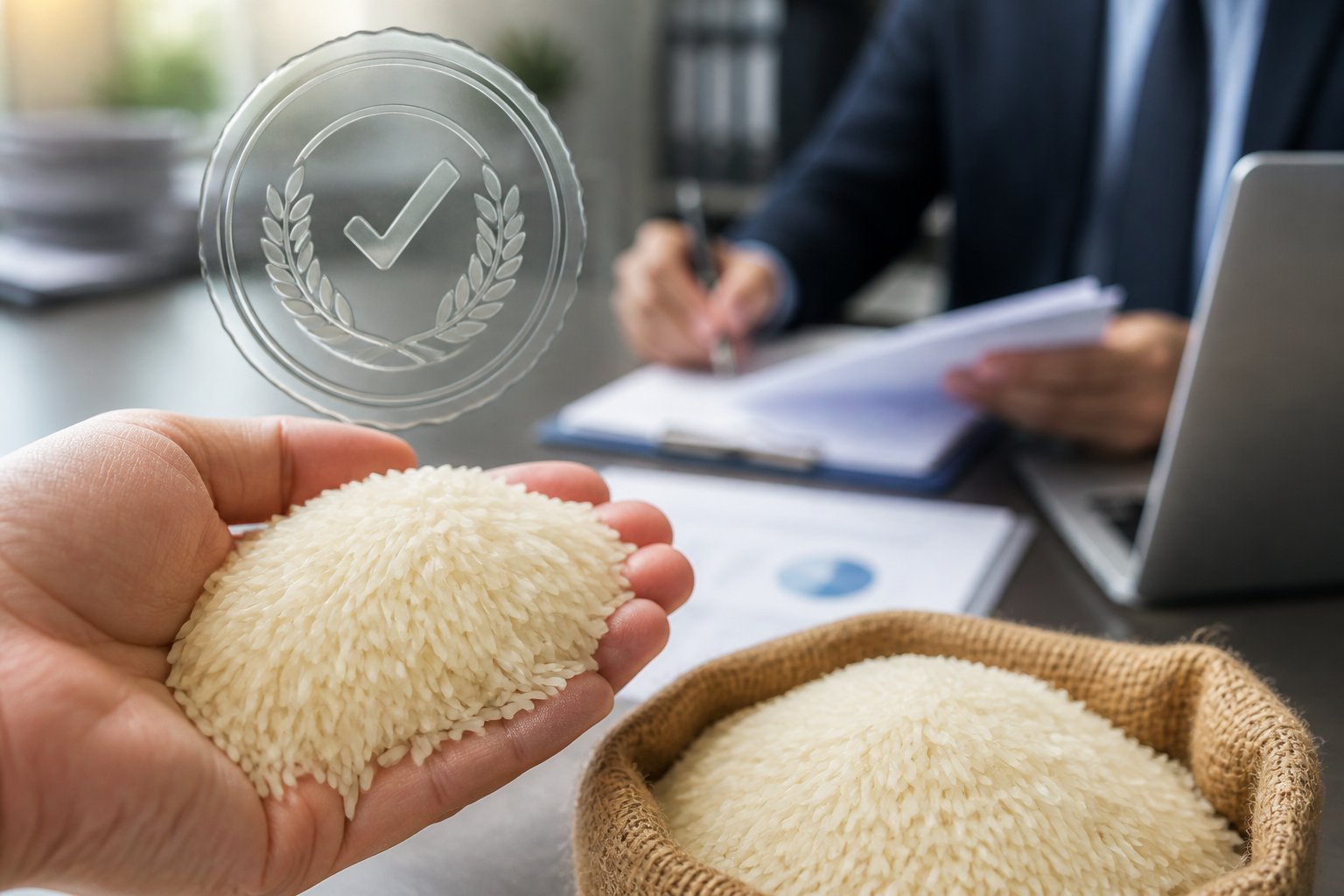 Close-up of long-grain basmati rice with a certification seal and a person reviewing documents in an office background.