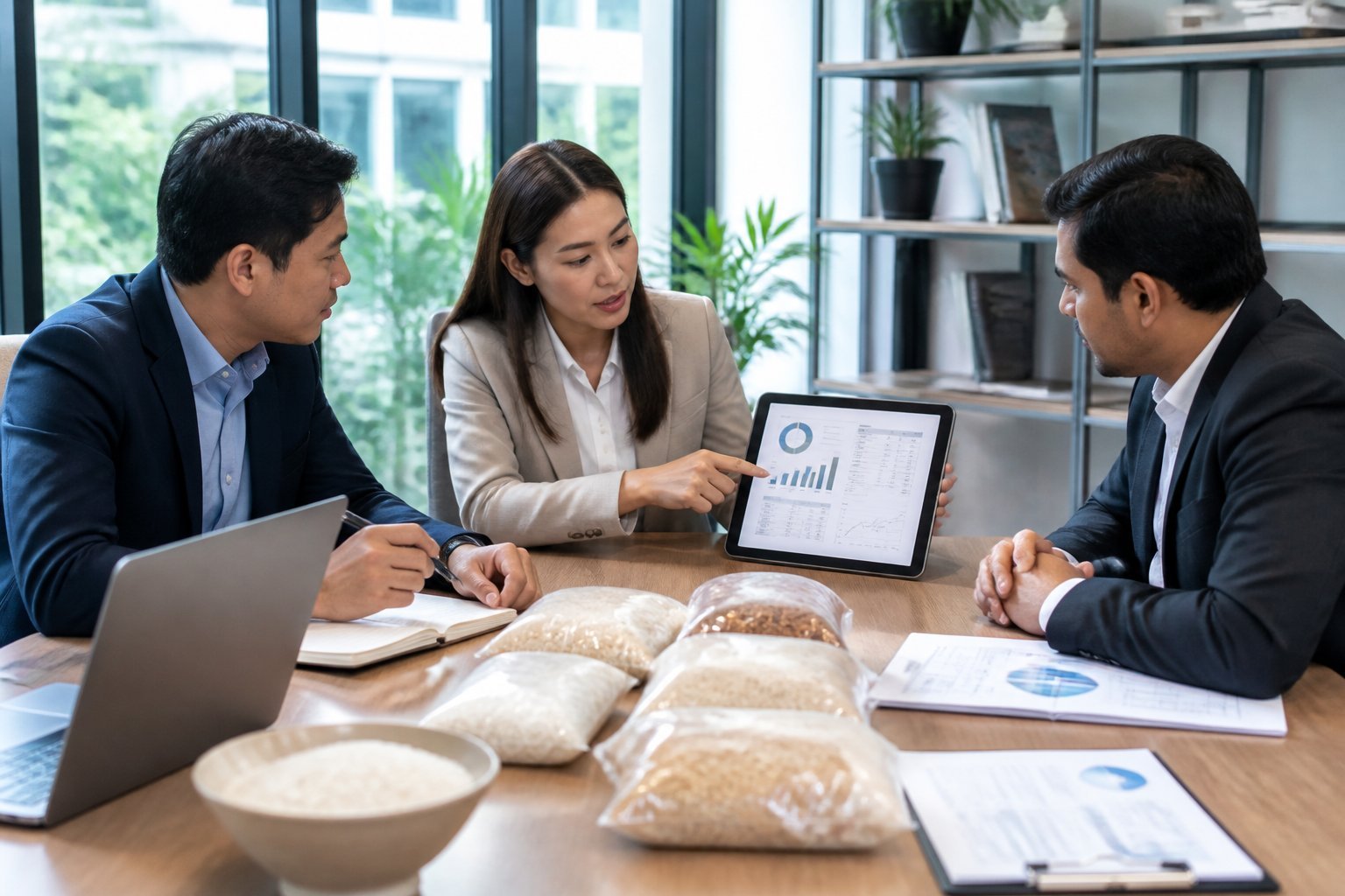 Three business professionals in a meeting reviewing rice samples and supplier information around a conference table.