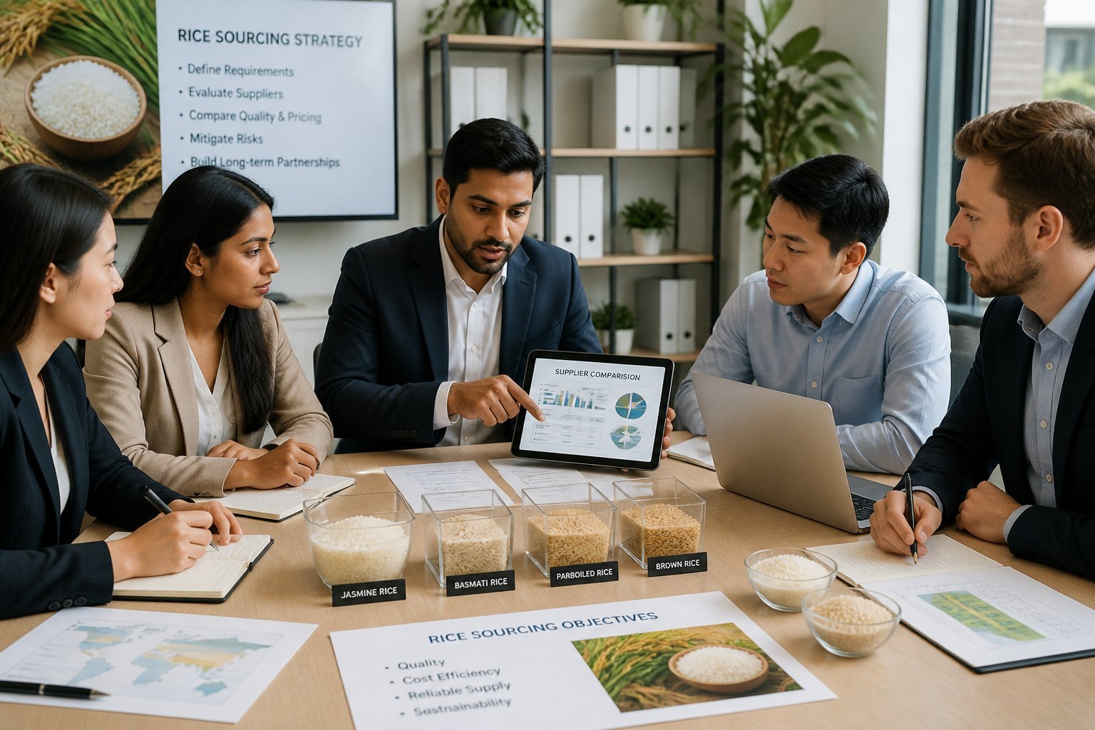 A group of professionals in a meeting room discussing rice sourcing with rice samples and digital devices on the table.