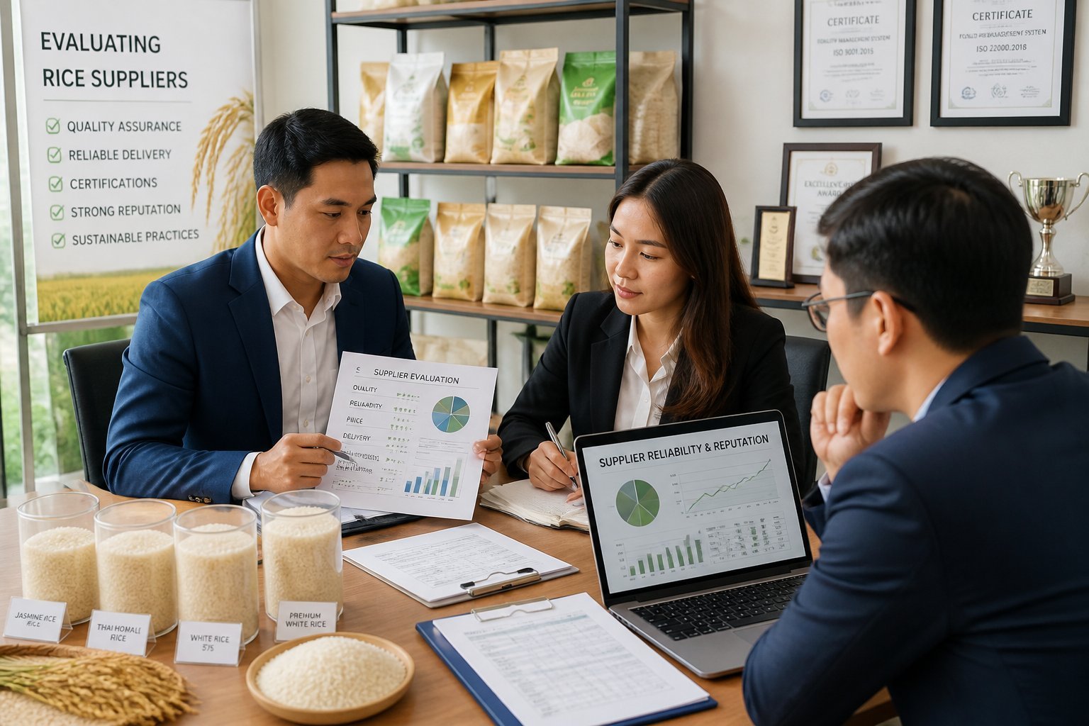 Two professionals reviewing documents and rice samples in an office to evaluate a rice supplier.