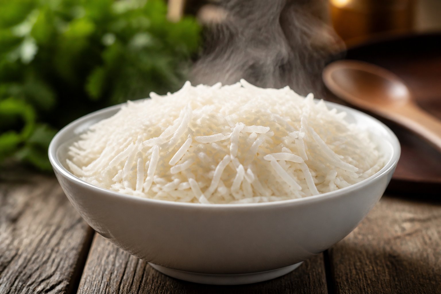 A steaming bowl of fluffy basmati rice on a wooden table with steam rising from it.