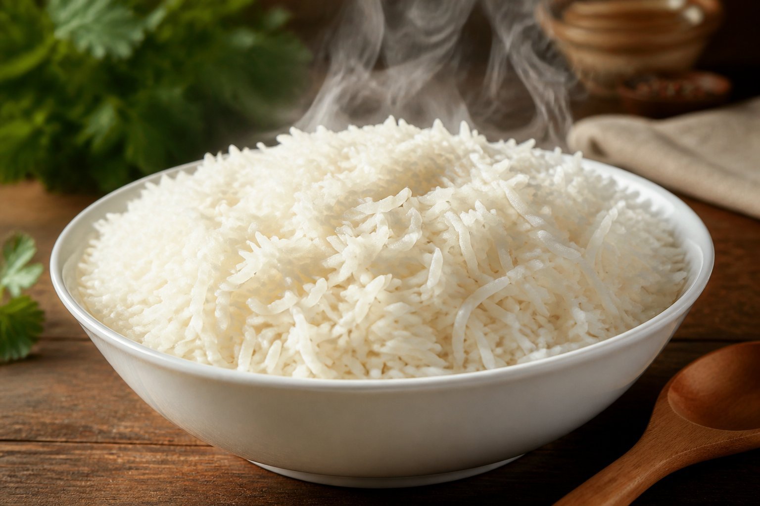 A bowl of steaming cooked basmati rice on a wooden table with steam rising from it.