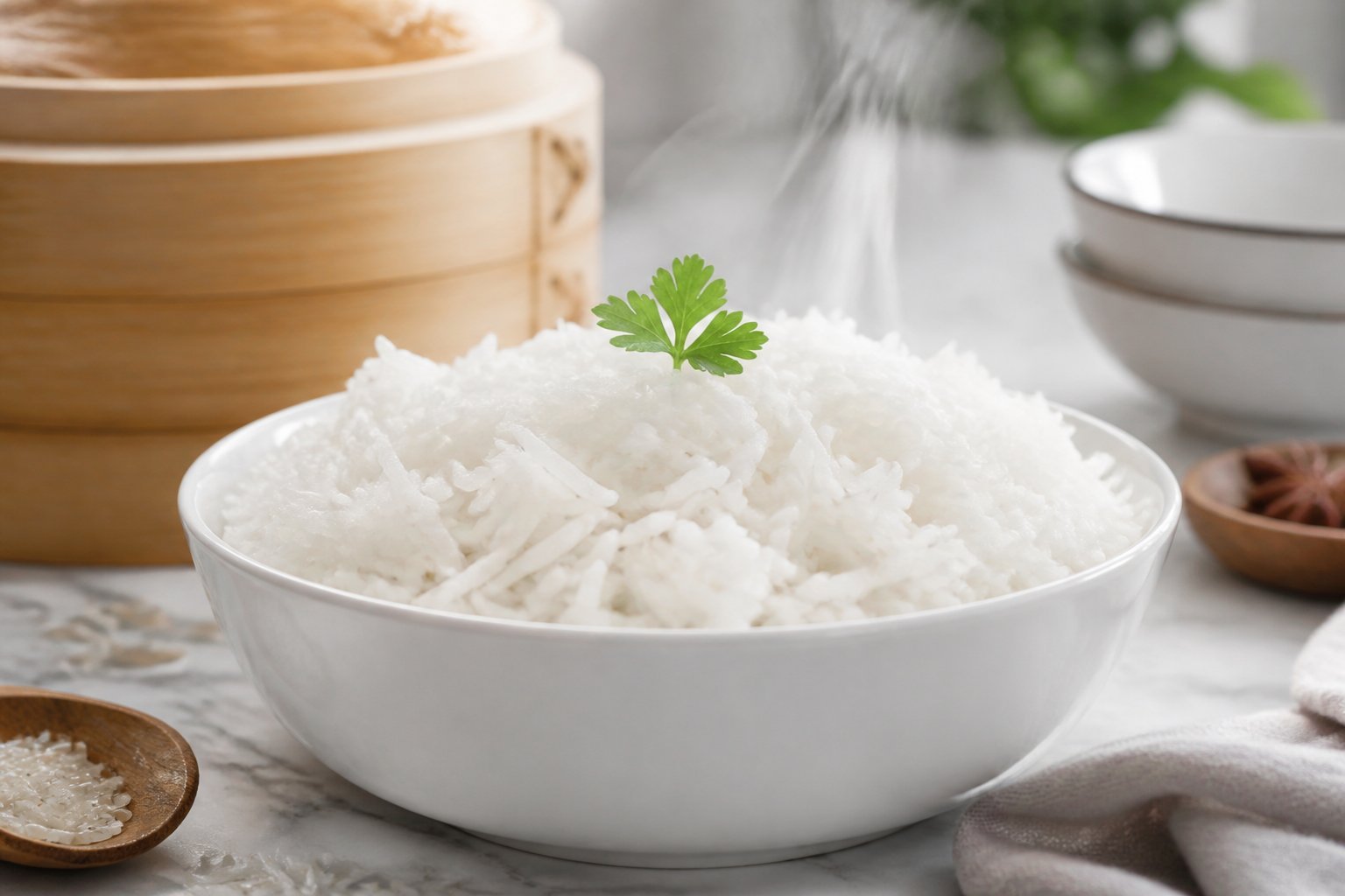 A bowl of fluffy steamed basmati rice with steam rising, placed near a bamboo steamer basket on a kitchen counter.