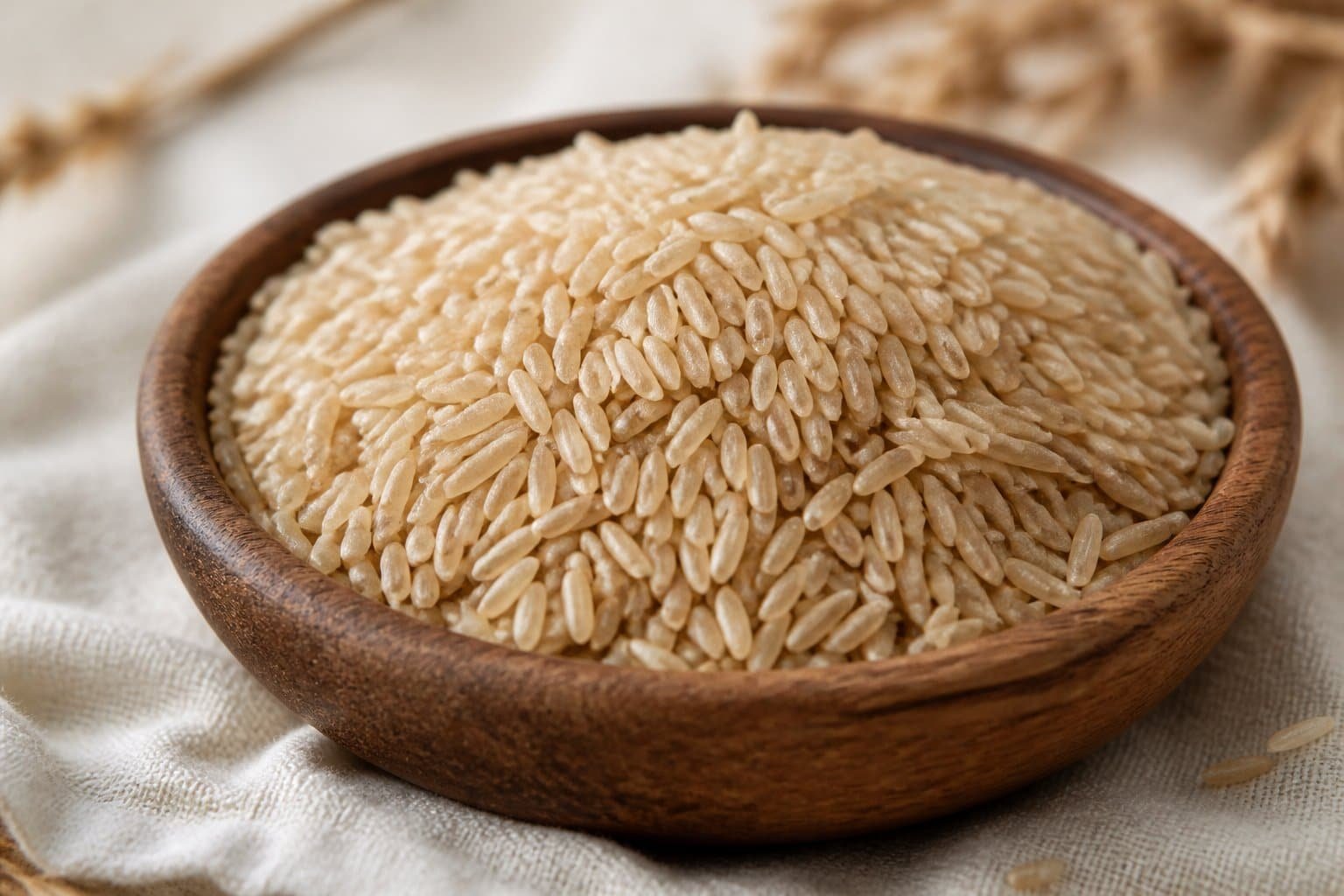 Close-up of uncooked brown basmati rice grains in a wooden bowl on a linen cloth.