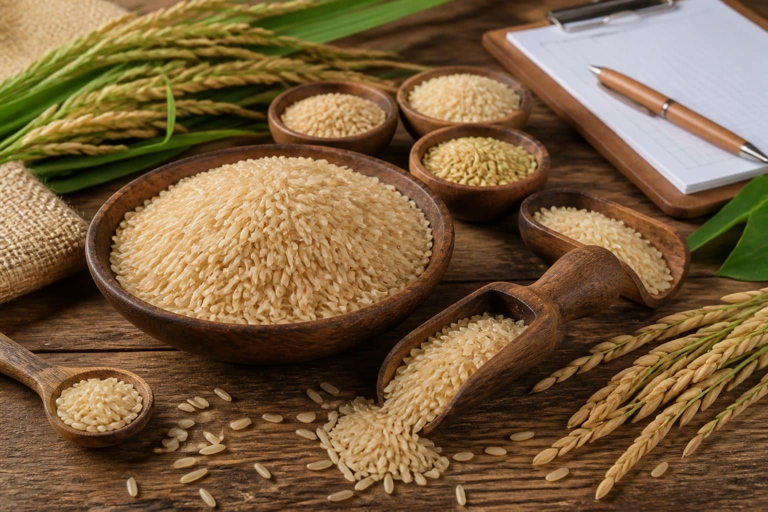 Close-up of brown basmati rice grains in wooden bowls on a wooden table with rice stalks and a clipboard nearby.