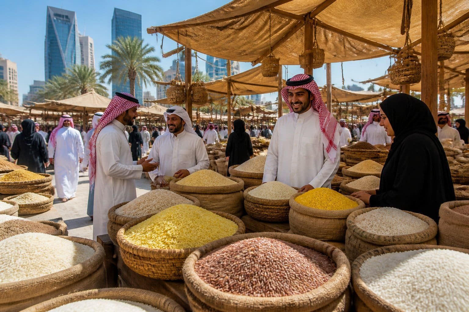 A busy outdoor market in Saudi Arabia with people buying and selling sacks of rice under shaded stalls.