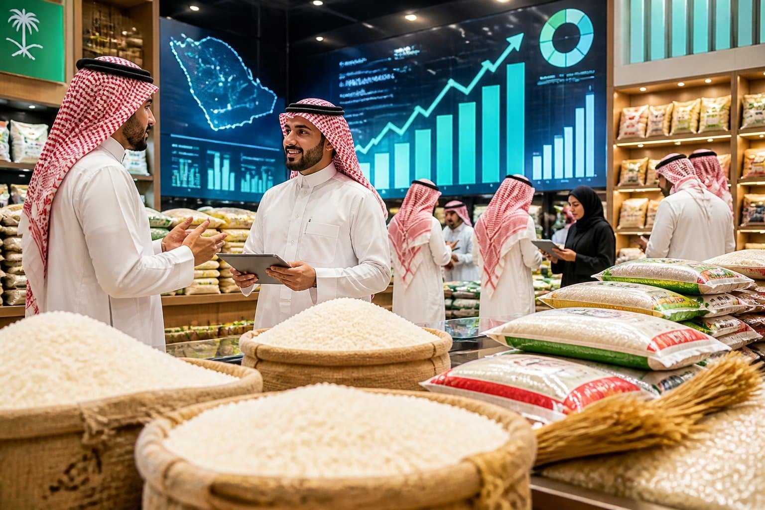 A busy marketplace in Saudi Arabia with sacks of rice and business professionals discussing market trends near a digital screen showing charts.