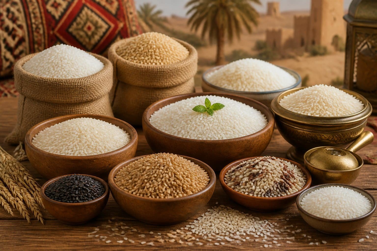 Various types of rice grains displayed in bowls and sacks on a table with a blurred background suggesting Saudi Arabian culture.