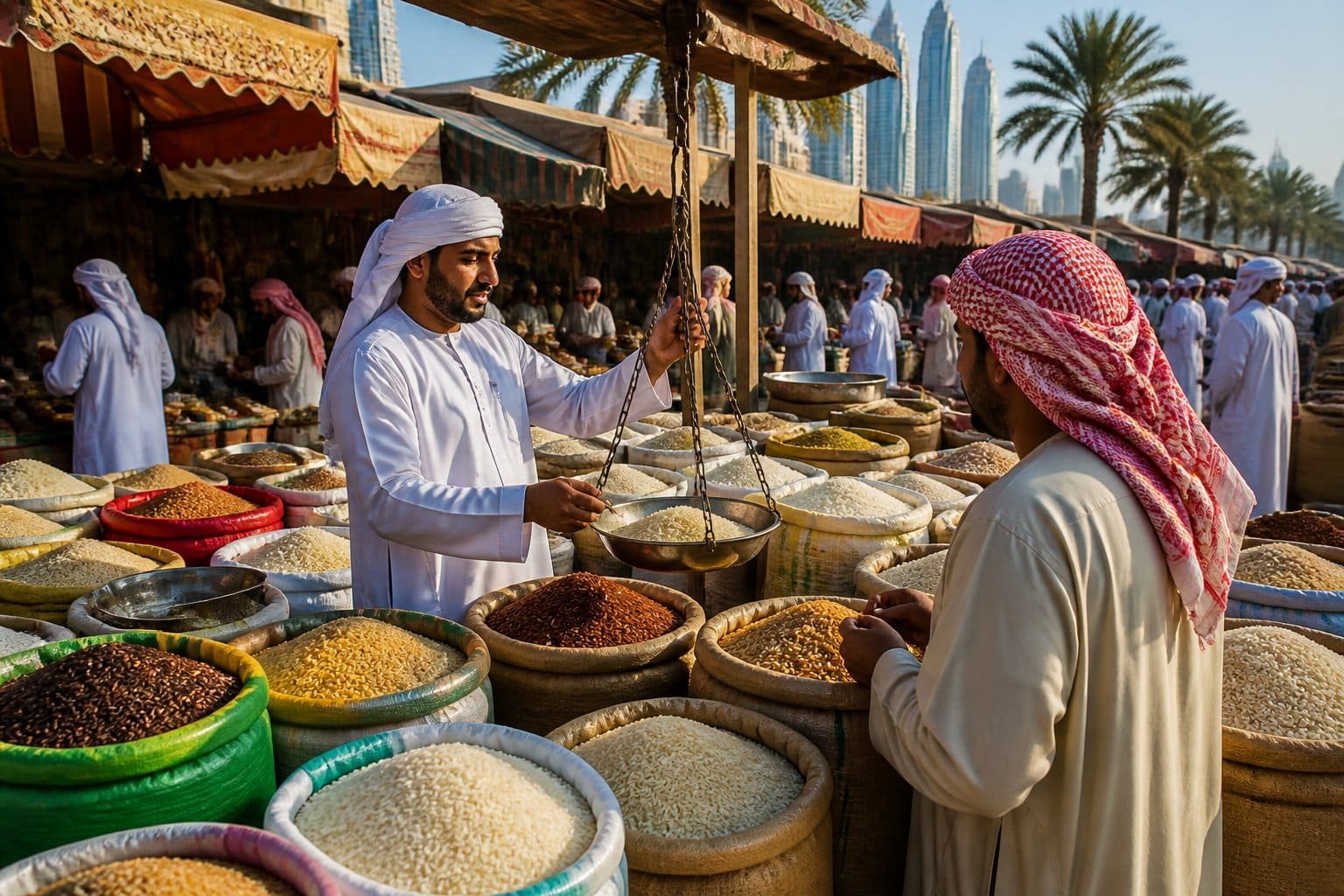 A busy outdoor market in the UAE with vendors selling various types of rice in sacks and bags, surrounded by market stalls and palm trees.