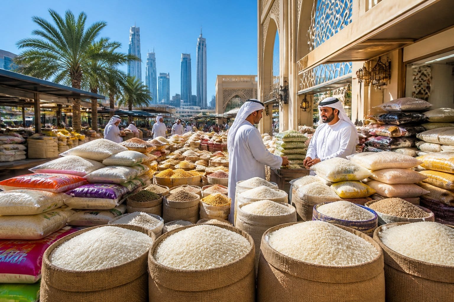 A market scene in the UAE with sacks of rice displayed and people interacting among market stalls under clear skies.