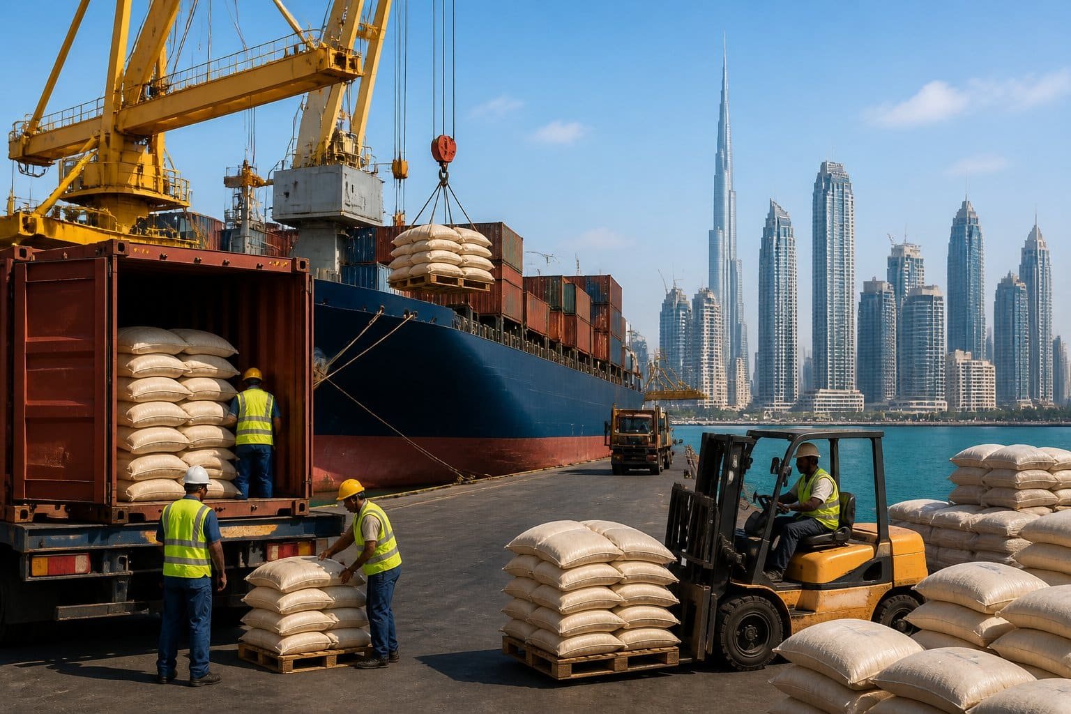 A busy UAE port with cargo ships unloading rice sacks, workers handling shipments, and the Dubai skyline in the background.