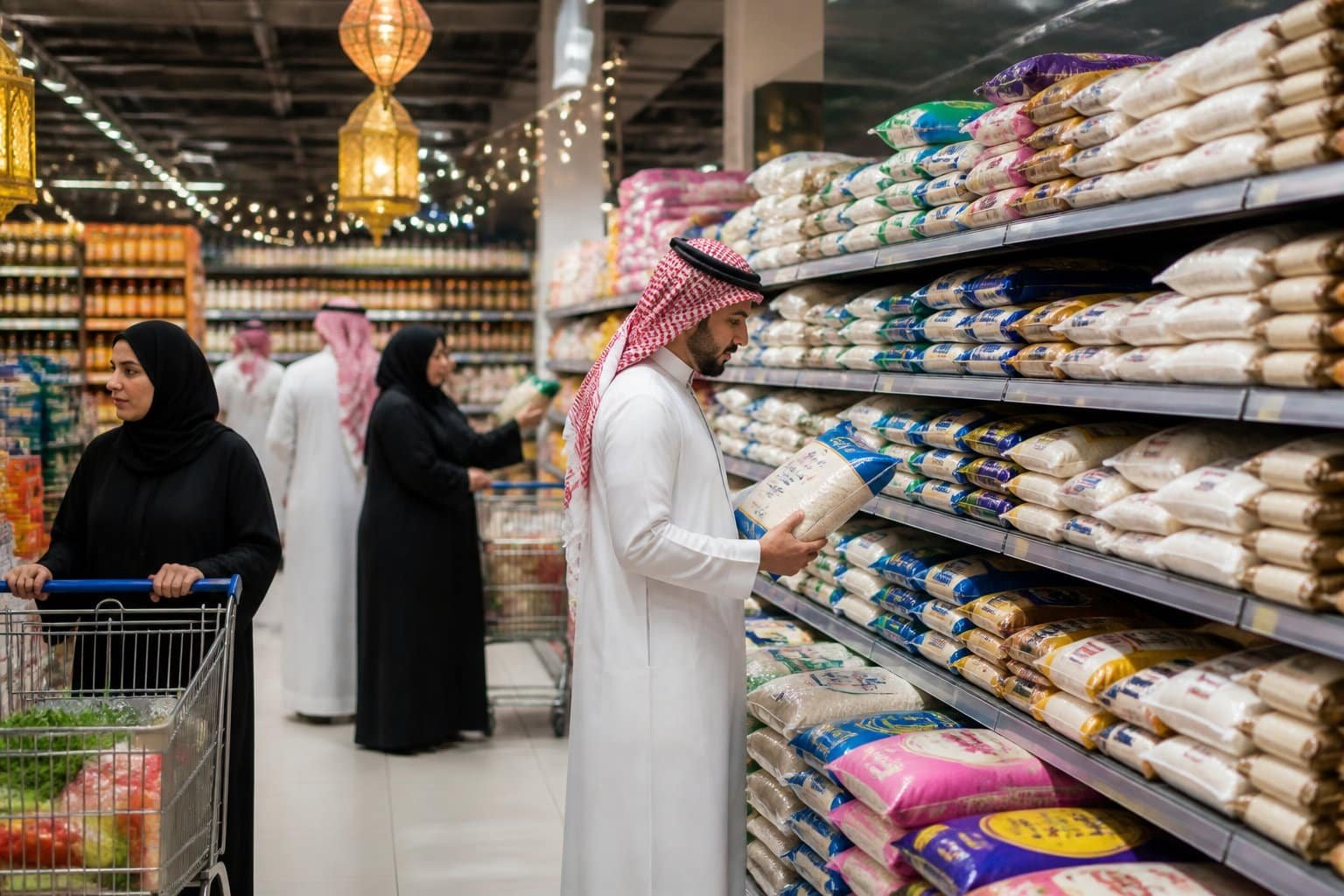 Shoppers in traditional GCC clothing selecting rice packages from fully stocked grocery store shelves during Ramadan.