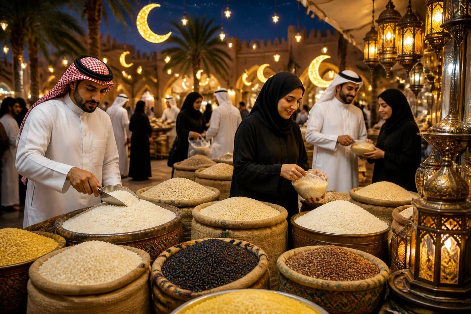 A busy market stall in the Gulf region during Ramadan with sacks of rice and shoppers dressed in traditional clothing selecting food.