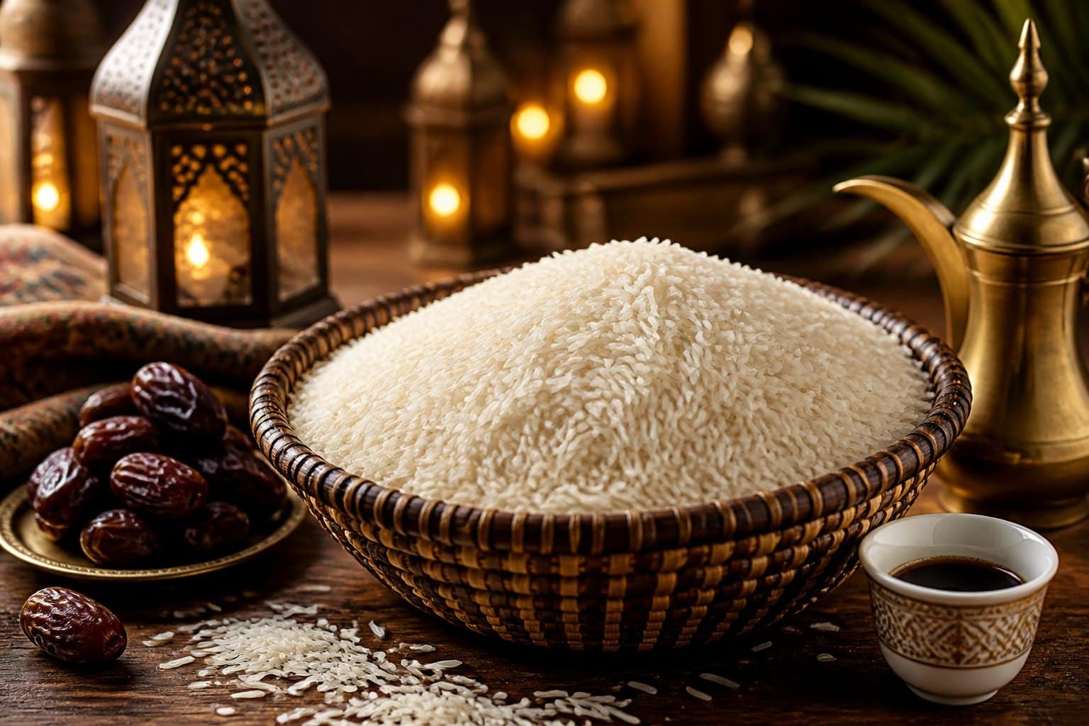 A basket filled with basmati rice surrounded by dates, a lantern, and a cup of Arabic coffee on a wooden surface.