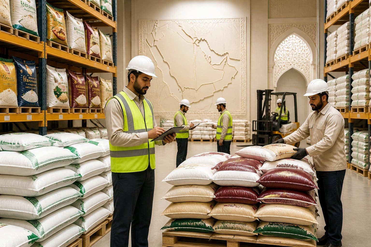Workers organizing large sacks of rice in a clean warehouse with shelves of rice packages in the background.