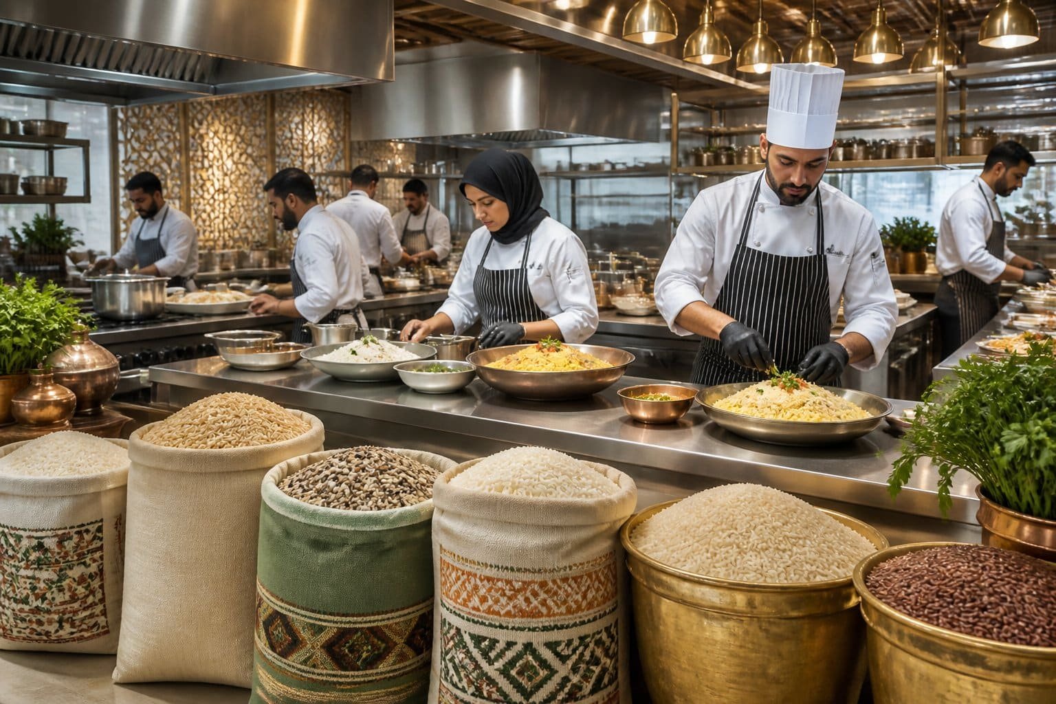A busy commercial kitchen with chefs preparing rice dishes and containers of rice in the foreground.