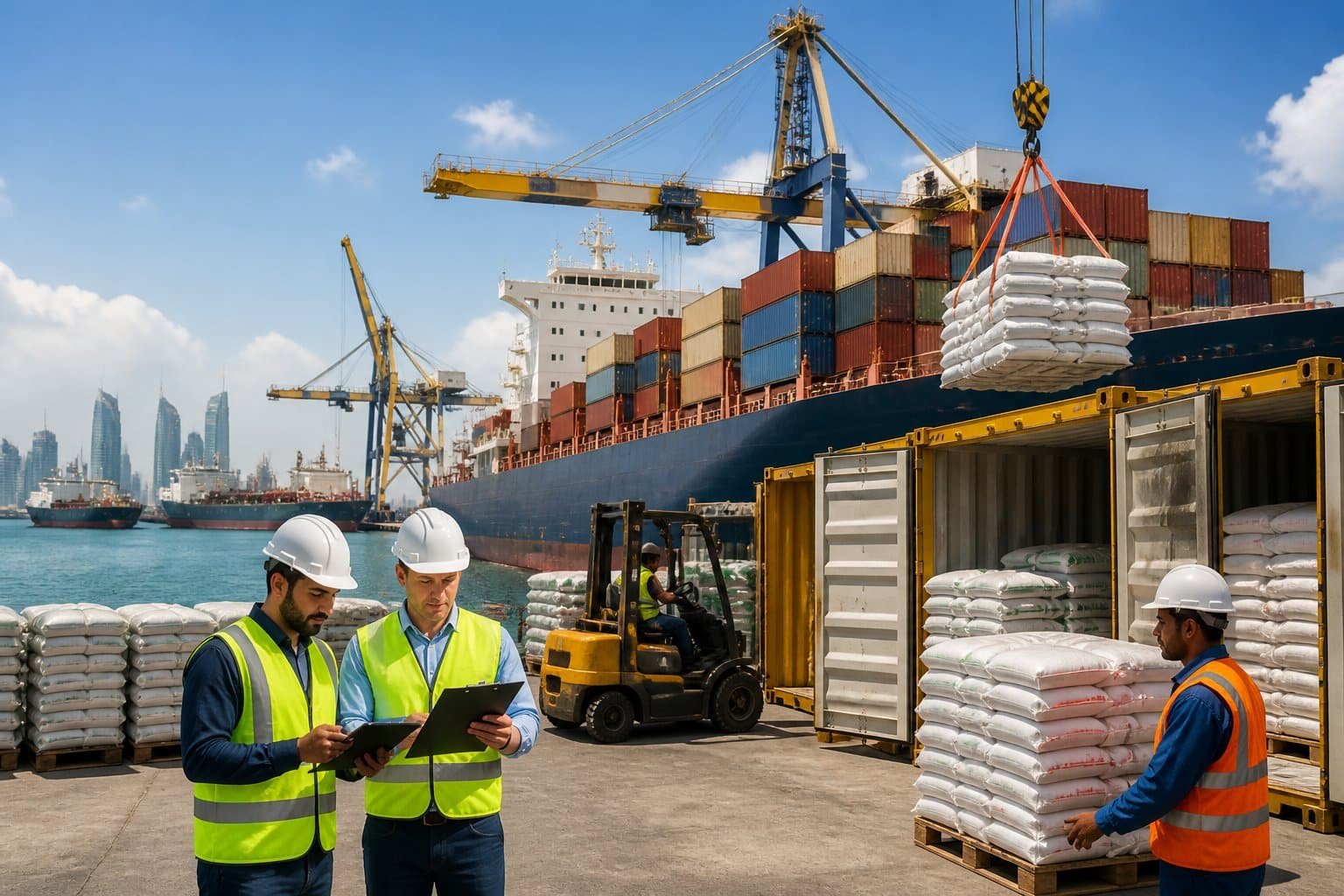 Workers inspecting rice shipments at a busy port with cargo ships, cranes, and containers in the background.