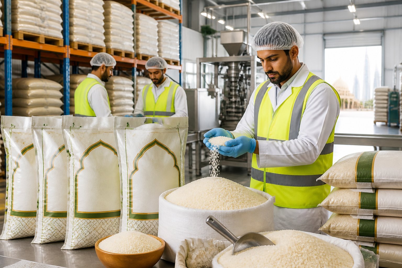 Workers handling bags of rice in a clean, organized packaging facility with stacks of rice sacks in the background.