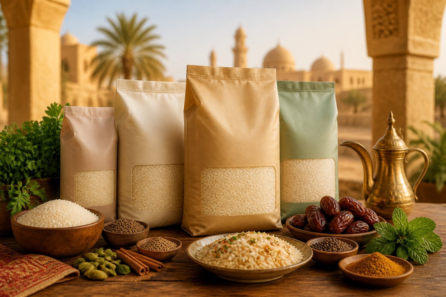A display of rice bags with spices and fresh herbs on a wooden surface, with traditional Middle Eastern architecture softly visible in the background.