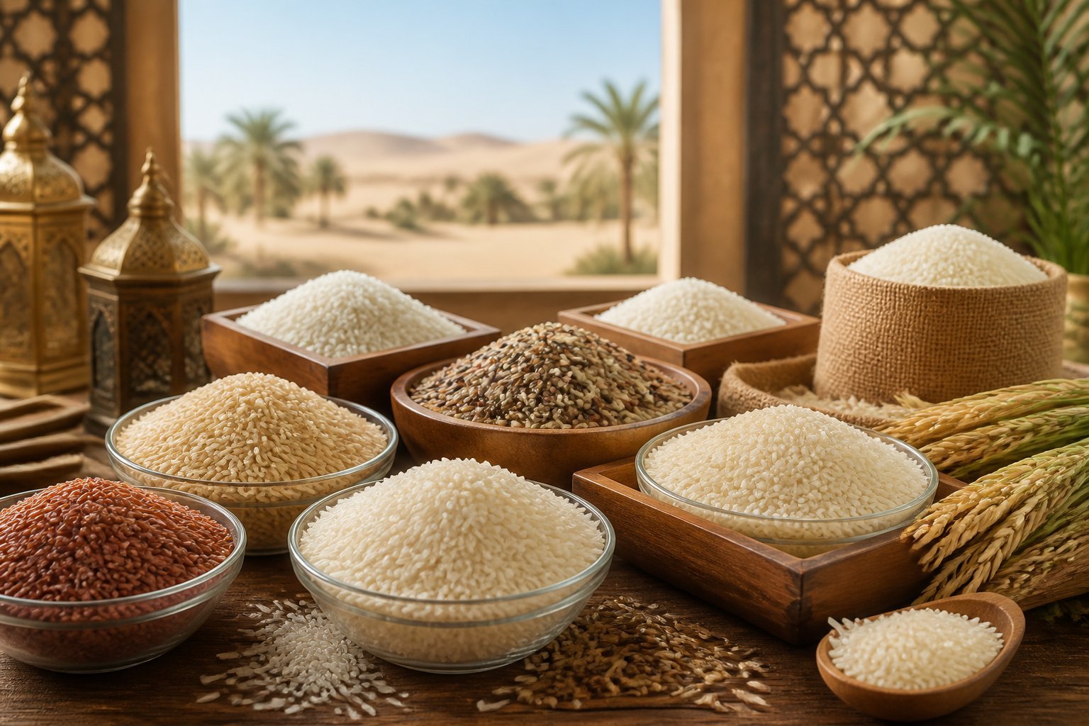 Various types of rice displayed in bowls and containers on a wooden table with a Middle Eastern background.