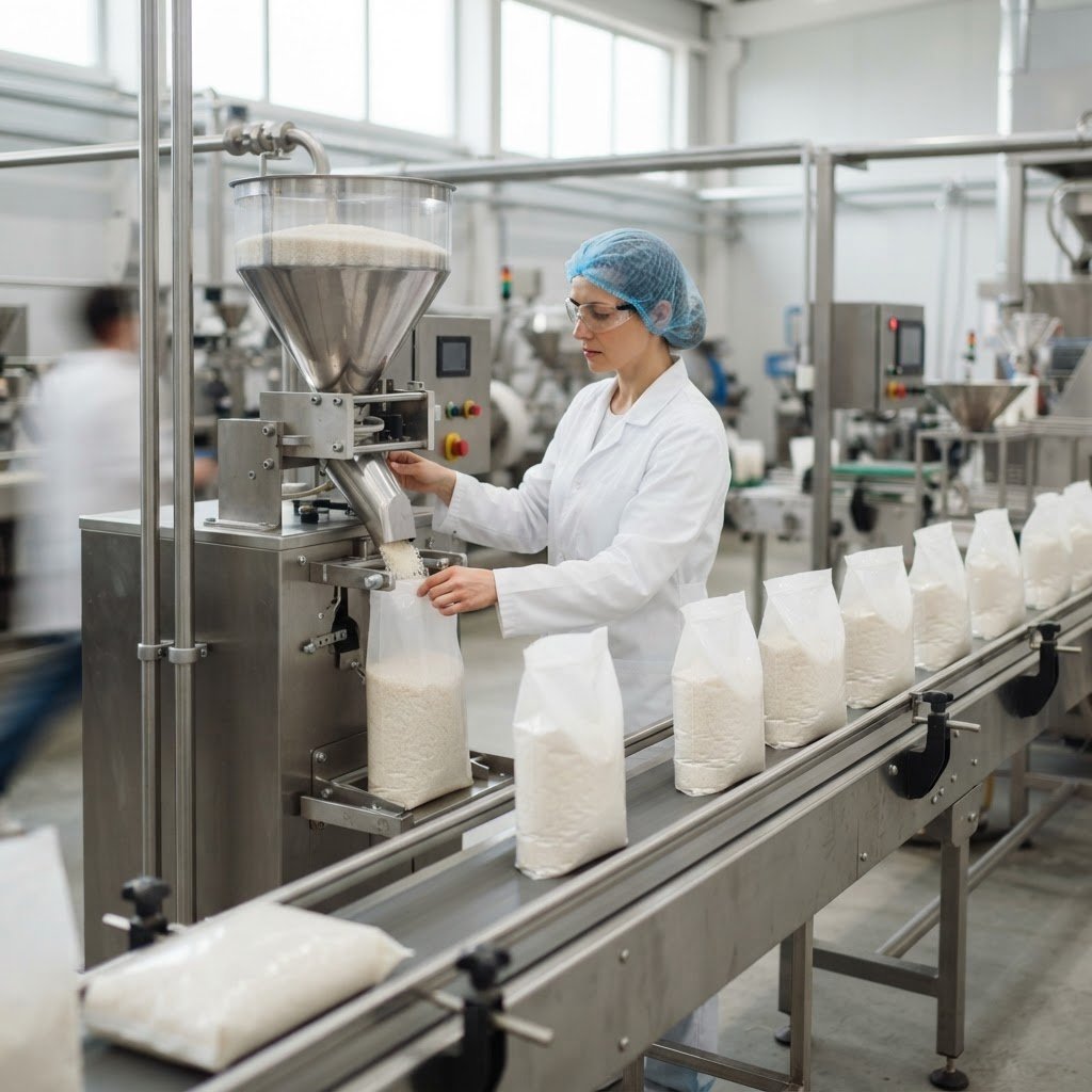 Repacker filling own-brand printed bags with 100% Broken Rice