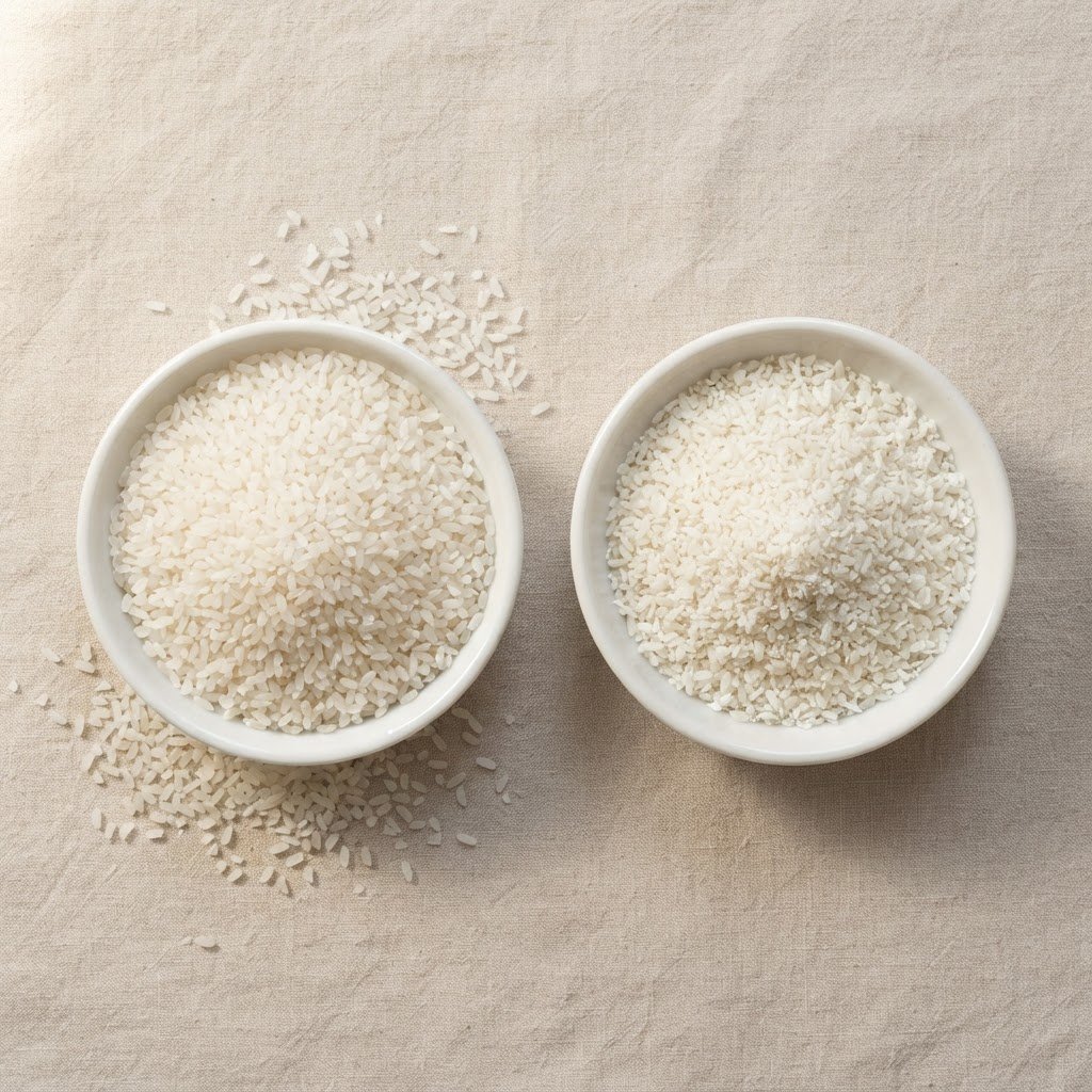Pakistani 100% Broken Rice fragments beside a finer competing grade