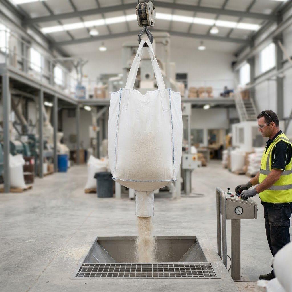 100% Broken Rice in a 1000kg jumbo bulk bag discharging at a mill intake