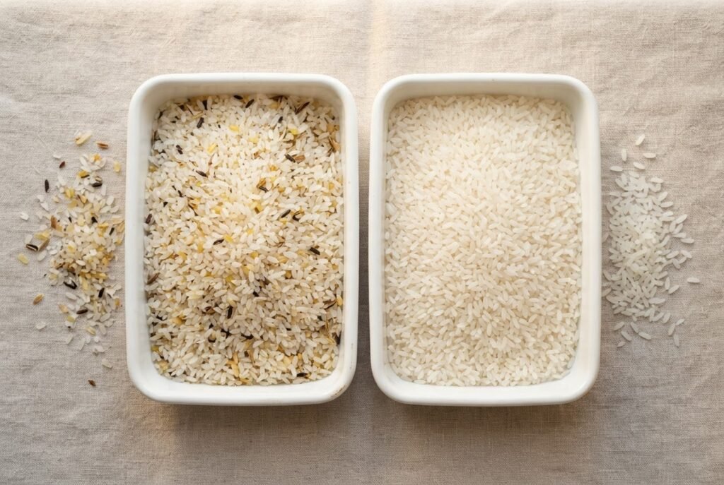 100% Broken Rice before and after colour sortexing, side by side