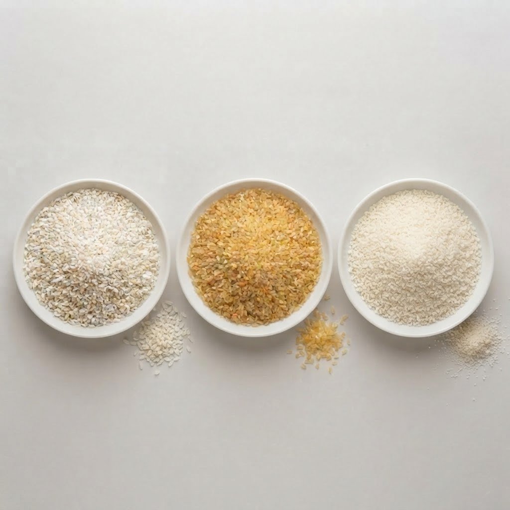 100% Broken Rice in three forms compared: white, sella and fine grits
