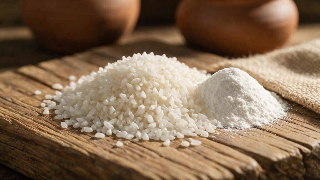Heap of 100 percent broken white rice beside rice flour showing industrial food uses