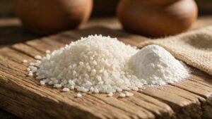 Heap of 100 percent broken white rice beside rice flour showing industrial food uses