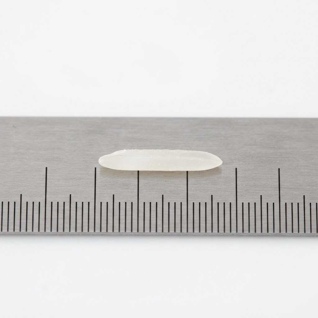 A single extra long 1121 basmati rice grain shown against a ruler edge for average grain length