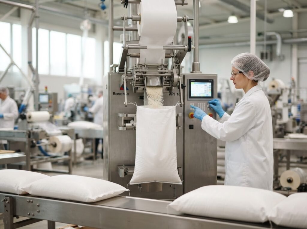 1121 basmati rice being repacked into own-brand retail bags on a packing line