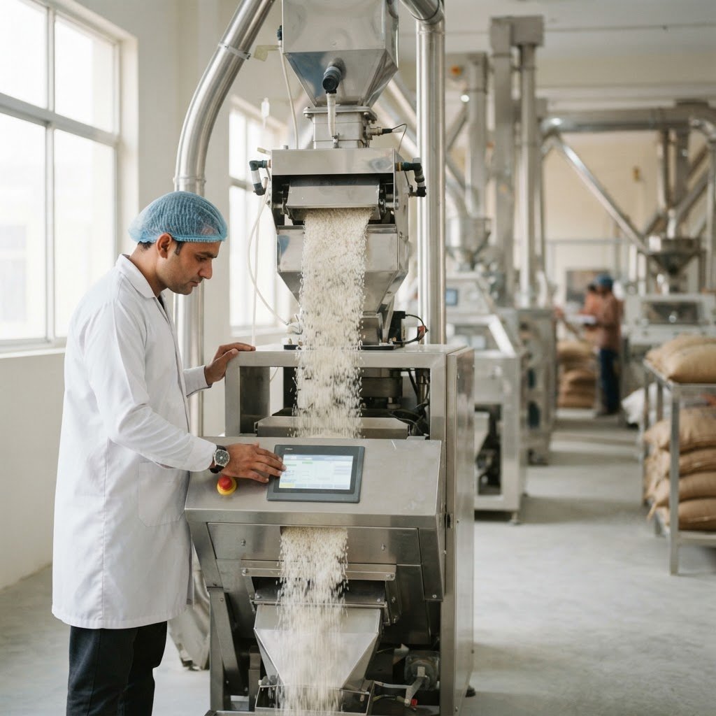 1121 basmati rice moving through a colour sortex line at a Pakistani mill