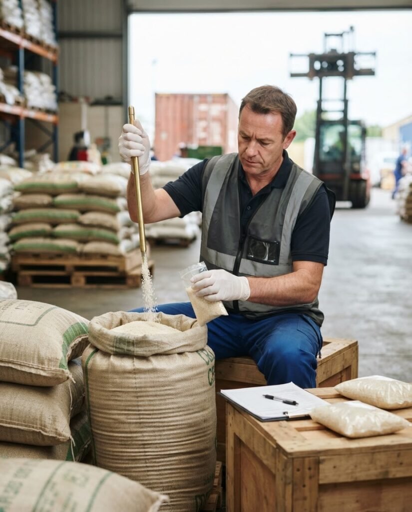 Pre-shipment inspection of 1121 basmati rice at a Pakistani port before the container loads
