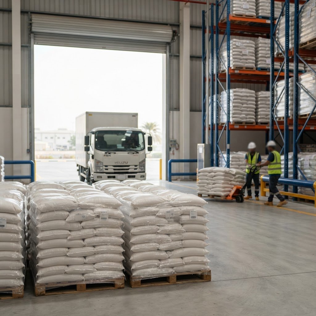 1121 basmati rice held in stock at the TEFT Global warehouse in Al Wakra, Qatar for local delivery