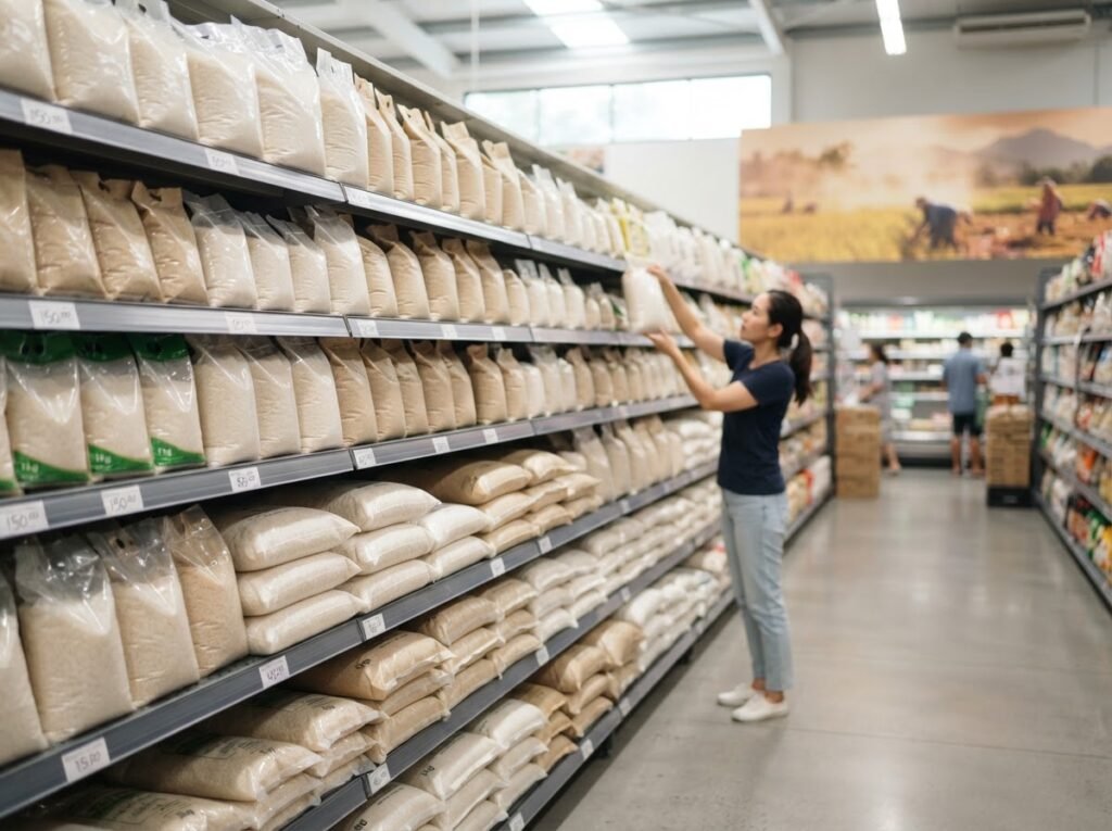 1121 basmati rice in printed retail bags on a supermarket shelf for household buyers