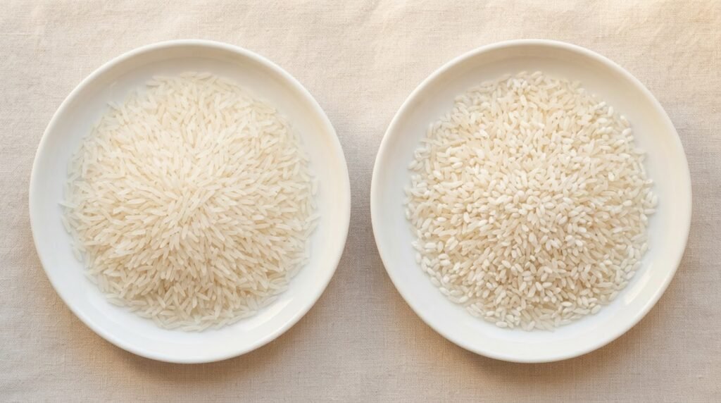 Pure 1121 basmati rice compared with a blended sample where shorter grains have been mixed in