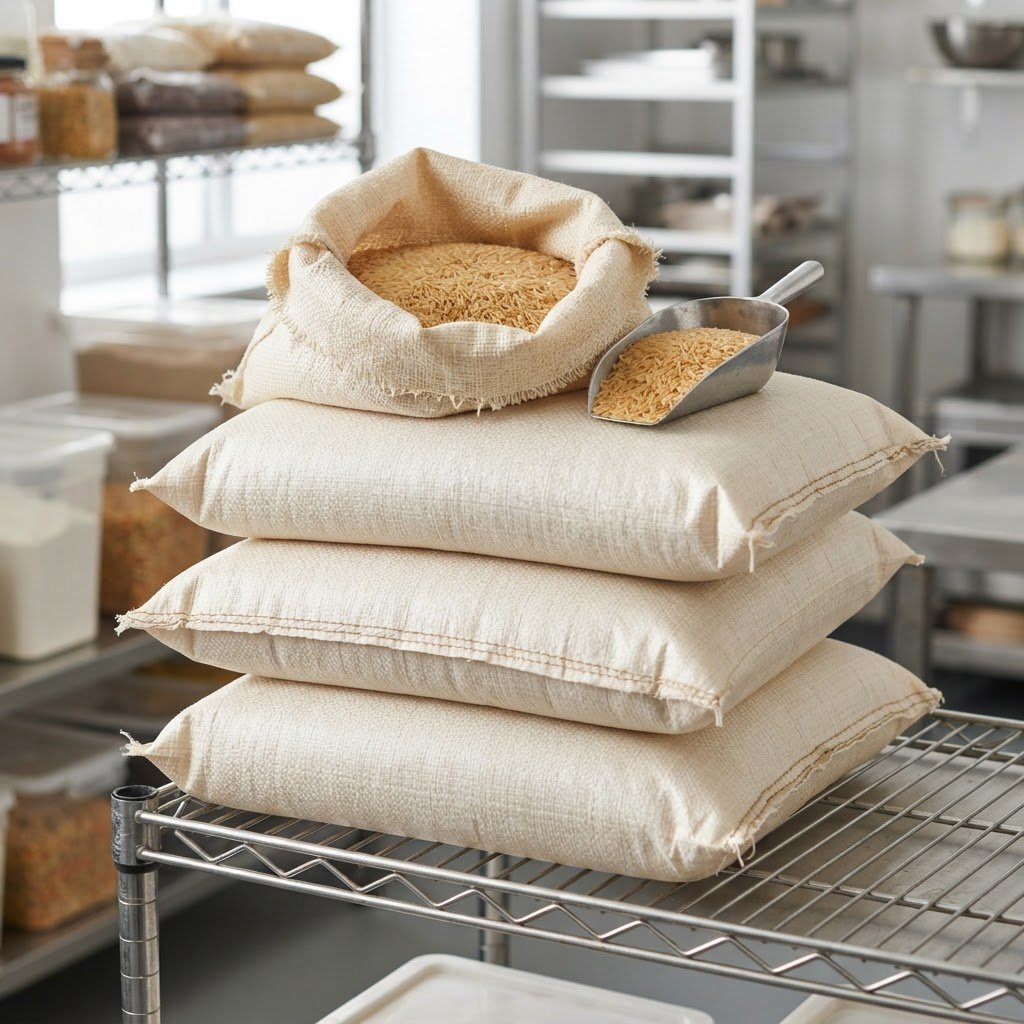 1121 golden sella basmati rice in 10kg and 20kg catering bags stacked in a kitchen store