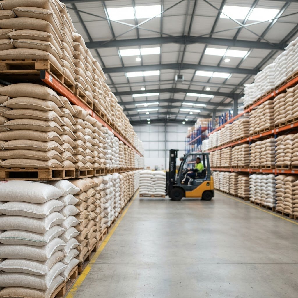1121 golden sella basmati rice in 25kg to 50kg sacks palletised in a distribution warehouse