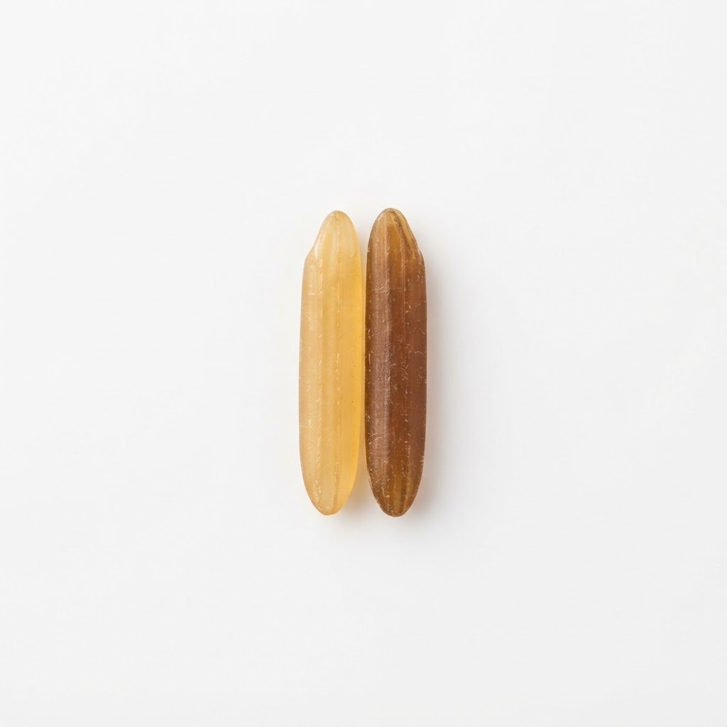 Two single 1121 golden sella basmati grains showing an acceptable and a dark colour reading