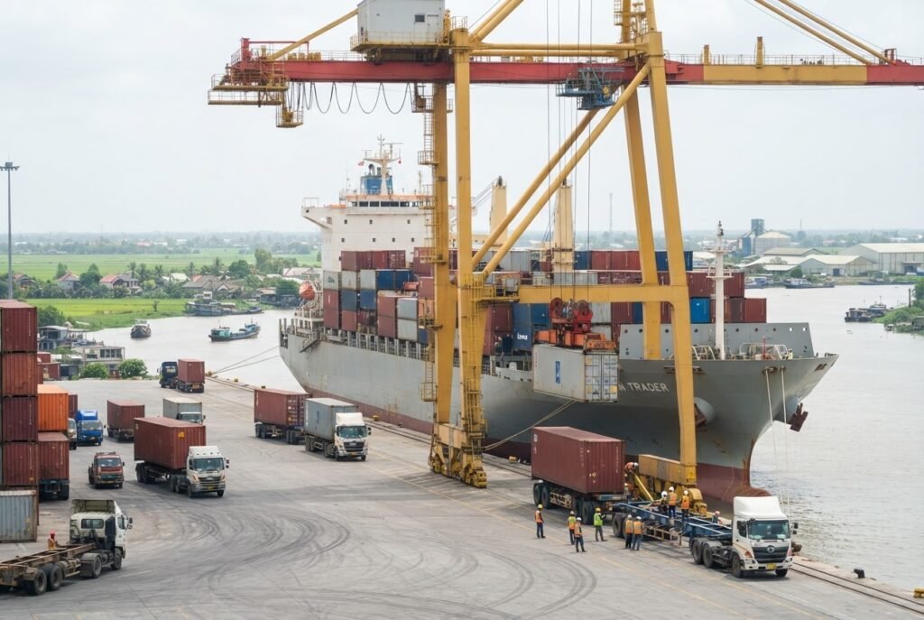 A container vessel arriving to discharge 1121 golden sella basmati rice at a buyer's destination port