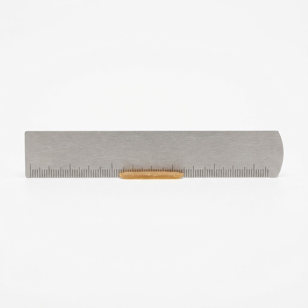 A stainless steel ruler measuring the length of a single 1121 golden sella basmati grain