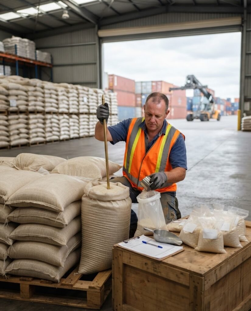 A pre-shipment inspector drawing a sample from a sack of 1121 golden sella basmati rice at a port warehouse