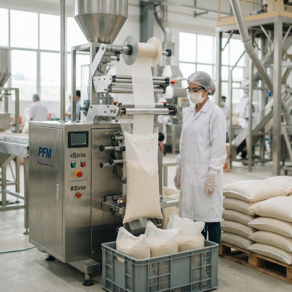 Private label 1121 golden sella basmati rice bags being filled and palletised at the mill