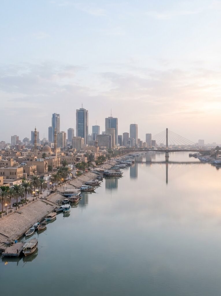 A Middle Eastern river city skyline in the morning, the Iraq and Levant market for 1121 golden sella basmati rice